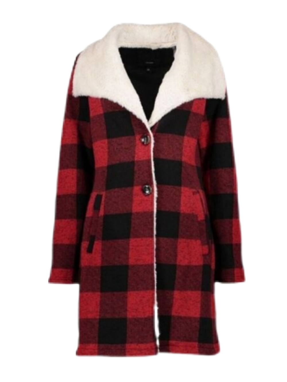 Steve Madden Buffalo Plaid Coat Faux Fur Collar Red Black Plus Size 1X Cabincore
